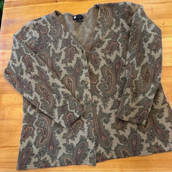 Carole Little Sweater Womens 2X Brown Paisley Cardigan Wool Angora Blend - Picture 1 of 8